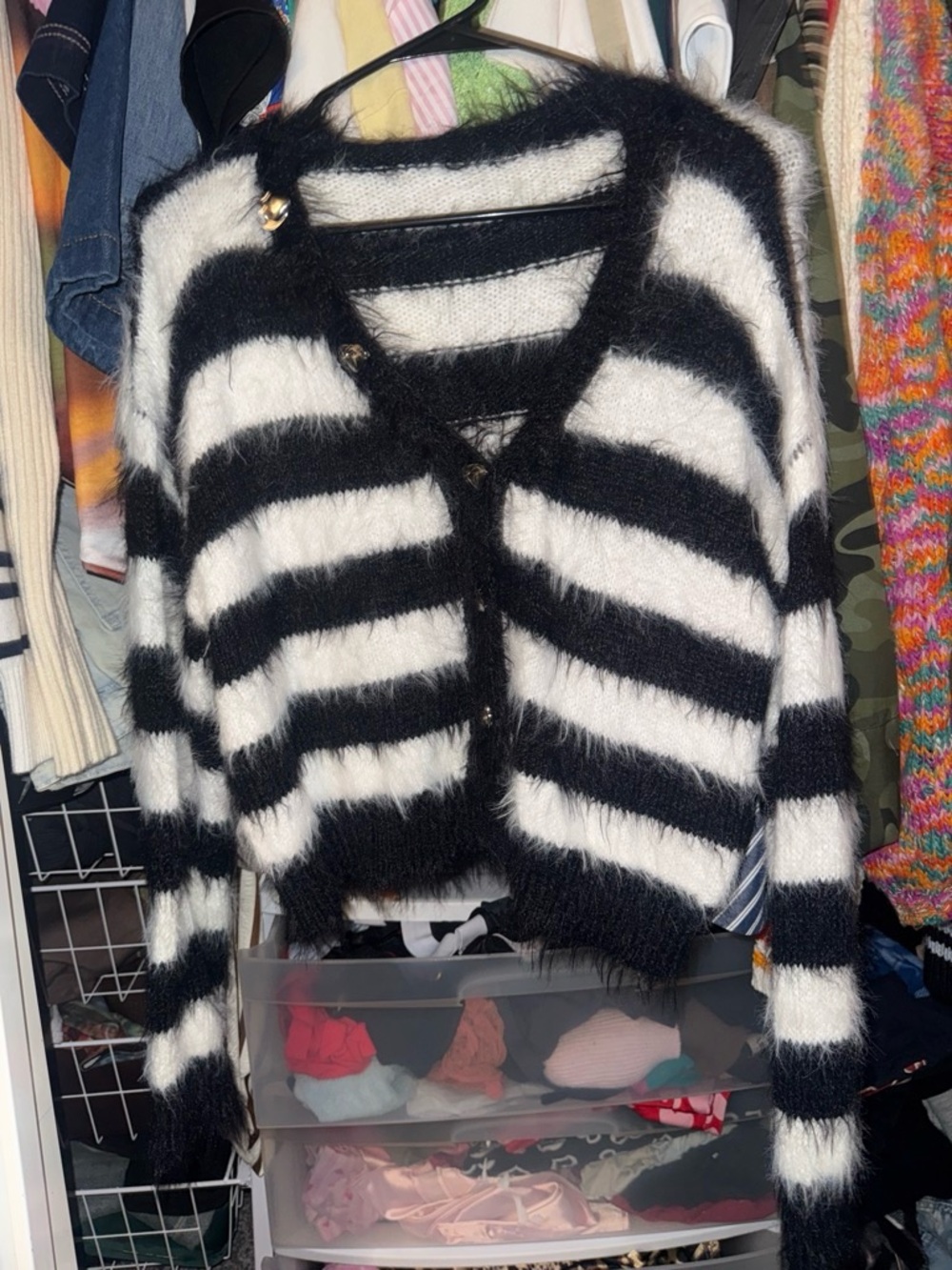SHEIN Black and White Fuzzy Striped V‑Neck Cardigan